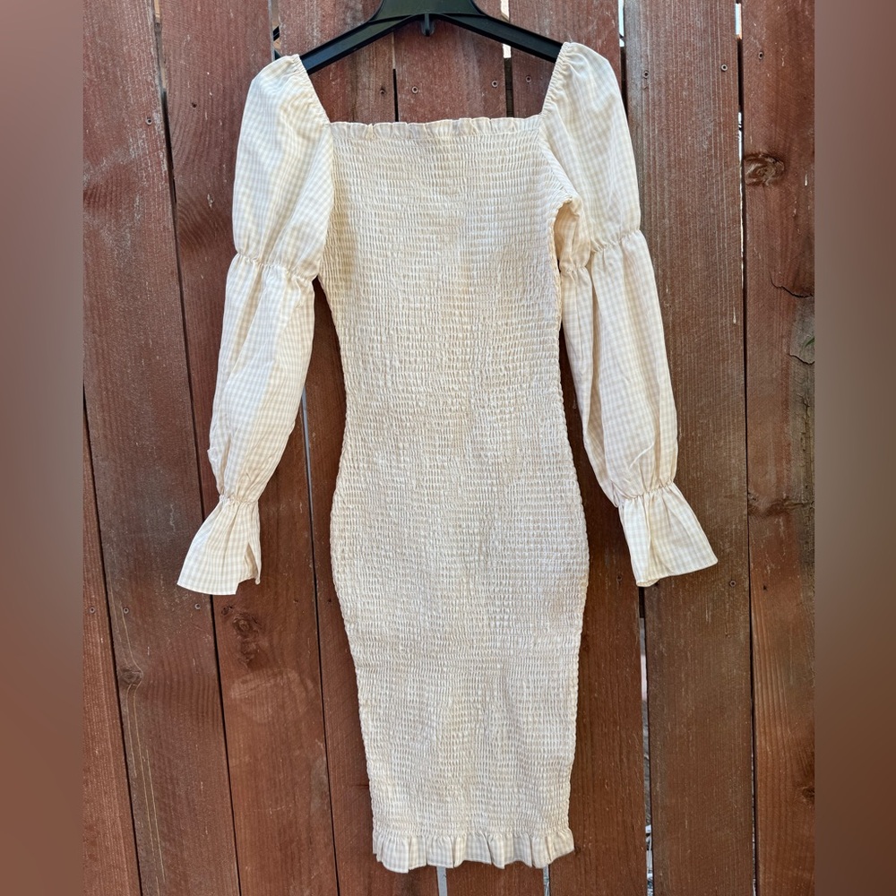 NWT SNDYS The Label Leona Apricot Gingham Midi Bodycon Dress Women’s Size 4